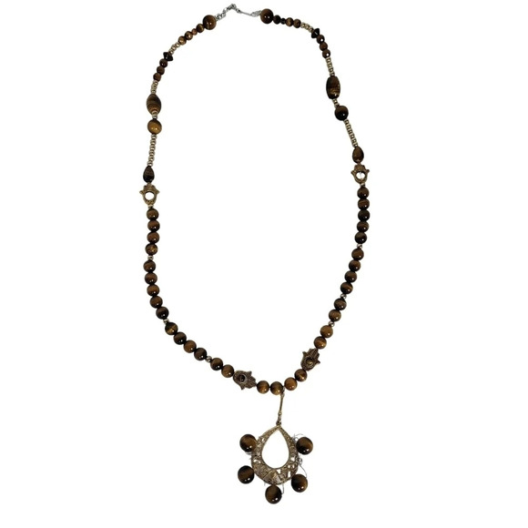 Tiger Eye Hamsa Hand Cabochons Statement Handmade Necklace - Picture 5 of 5